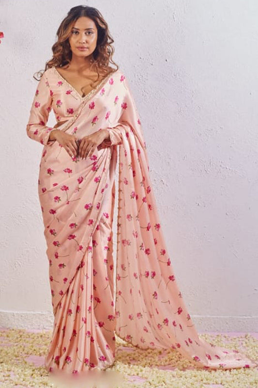 Admirable 1-Minute Ready To Wear Peach Satin Silk Saree