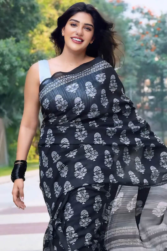 Mellifluous 1-Minute Ready To Wear Black Cotton Saree