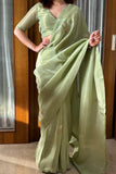 Flattering 1-Minute Ready To Wear Pista Malai Satin Silk Saree