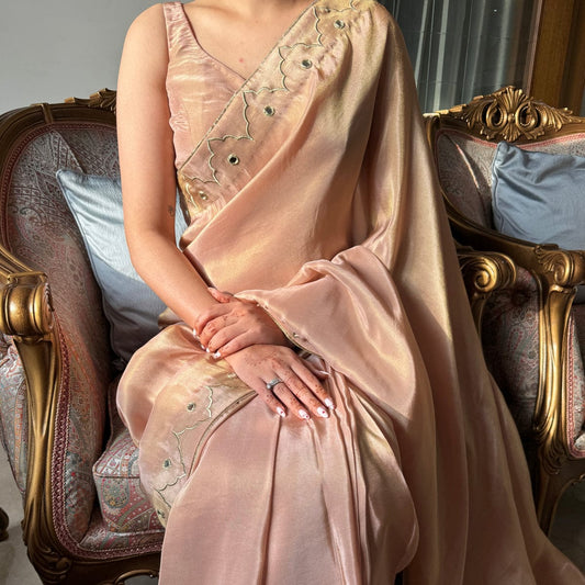 Demure 1-Minute Ready To Wear Peach Malai Satin Silk Saree
