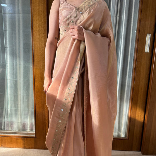 Demure 1-Minute Ready To Wear Peach Malai Satin Silk Saree