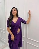 One Minute Ready To Wear Exquisite Purple Pure Soft Georgette Silk Saree with Stitch Blouse
