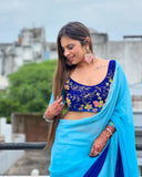 Black With blue  Color Flower Georgette Saree: One Minute Draping Magic for Today’s Fashion-Forward Women