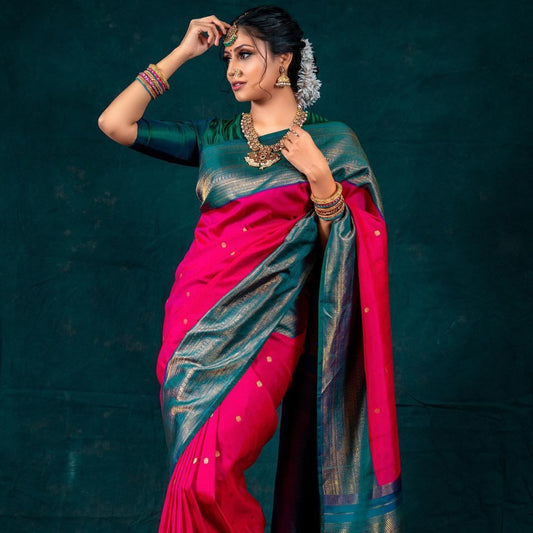 Beautiful Pink Kanjivaram Silk Saree with Dot Design and Coordinated Matching Border
