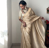 Royal Charm: Ready-to-Wear Cream Banarasi Silk Saree for Instant Grace and Style