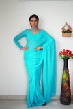 Lightweight Ready-to-Wear Plain Sky Blue Georgette Saree
