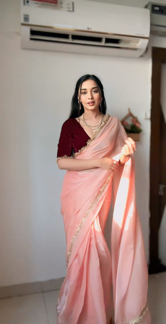 Elegant Peach Color Georgette Saree for One-Minute Wear: Perfect for Quick Style Transformations
