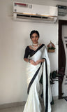 Quick and Stylish: White Color Satin Saree for One-Minute Wear, Perfect for Busy Days