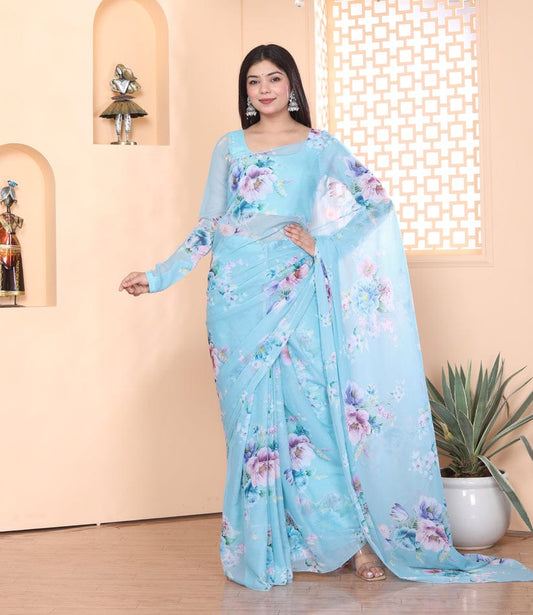 One Minute Wear sky blue-Color Georgette Saree for Effortless Elegance and Style