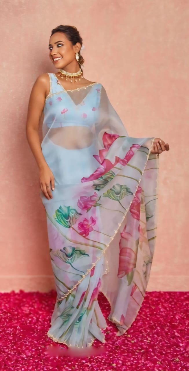 Posh 1-Minute Ready To Wear blue  organza silk   Saree