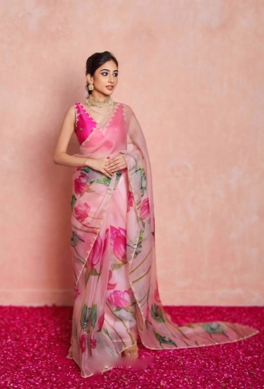 Refreshing 1-Minute Ready To Wear Baby Pink Organza Silk Saree