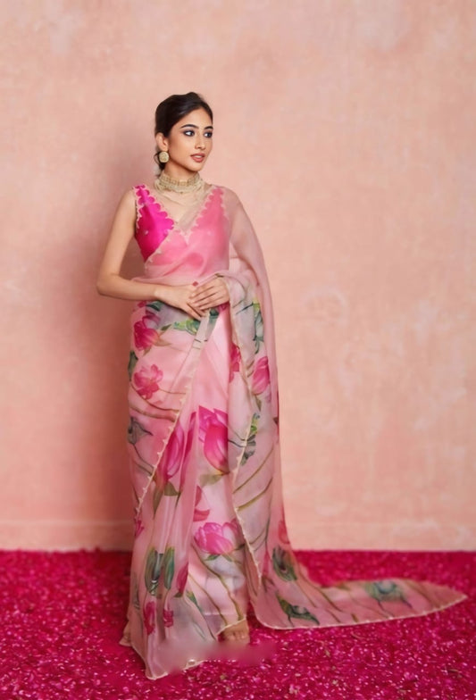 Refreshing 1-Minute Ready To Wear Baby Pink Organza Silk Saree