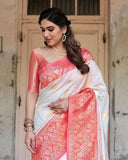 Graceful White Silk Saree Featuring Gold Embroidery and Elegant Coral Pallu