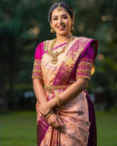 Traditional Peach Kanjivaram Silk Saree with Beautifully Matched Border Design