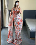 Transform Your Look in Seconds with -White Color And Flower Print Georgette One Minute Saree