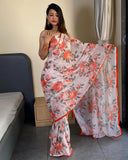 Transform Your Look in Seconds with -White Color And Flower Print Georgette One Minute Saree