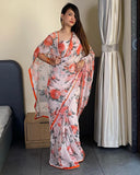 Transform Your Look in Seconds with -White Color And Flower Print Georgette One Minute Saree
