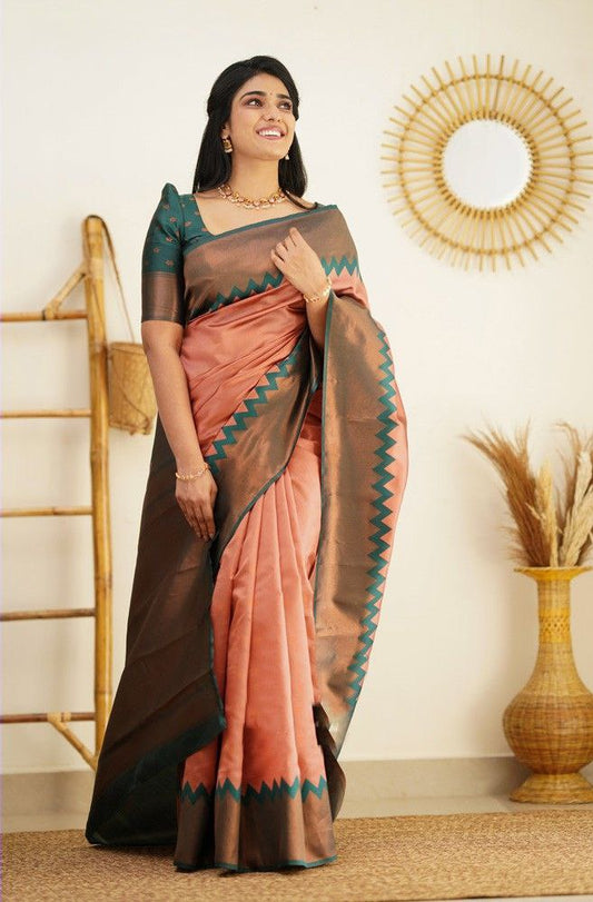 Stunning Peach Soft Silk Kanjivaram Saree with Attractive Zigzag Border Highlights