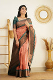 Stunning Peach Soft Silk Kanjivaram Saree with Attractive Zigzag Border Highlights