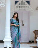 Festive Rama Kanjivaram Saree with Pinkish Zari and Matching Border Details