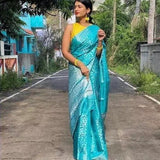 Timeless Rama Kanjivaram Silk Saree with Gorgeous Leaf Design and Border