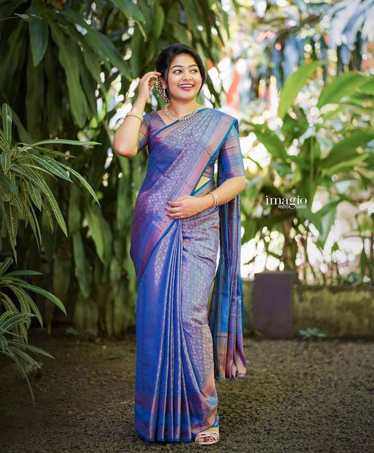 Classic Blue Kanjivaram Saree in Soft Silk with Matching Border Detail