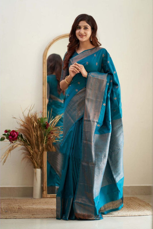 Royal Grace With Firozi Kanjivaram Silk Saree with Traditional Weaves