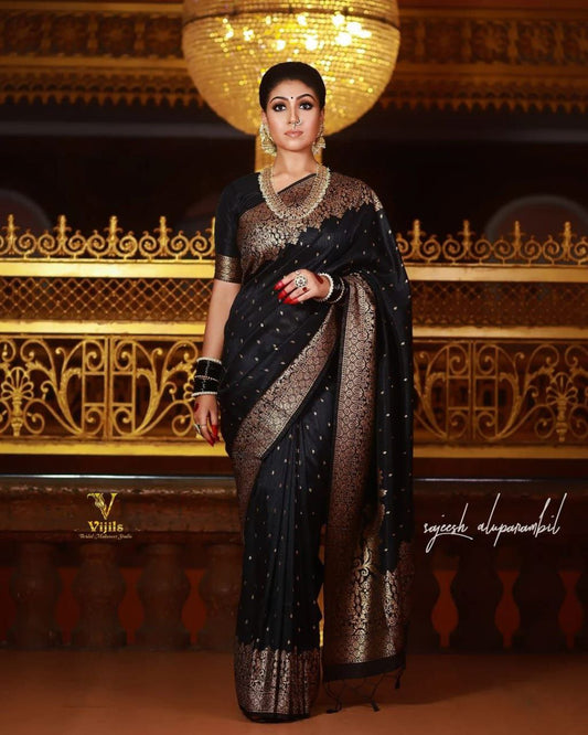 Premium Black Cotton Saree Featuring Matching Border - Graceful Ethnic Wear for Women