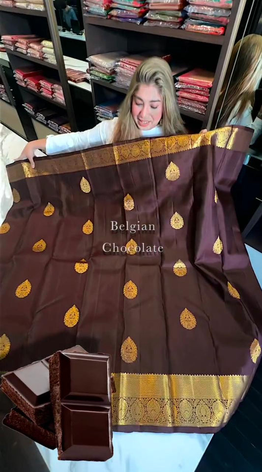 Belgium Dark Chocolate Color Kanjivaram Soft Silk Saree